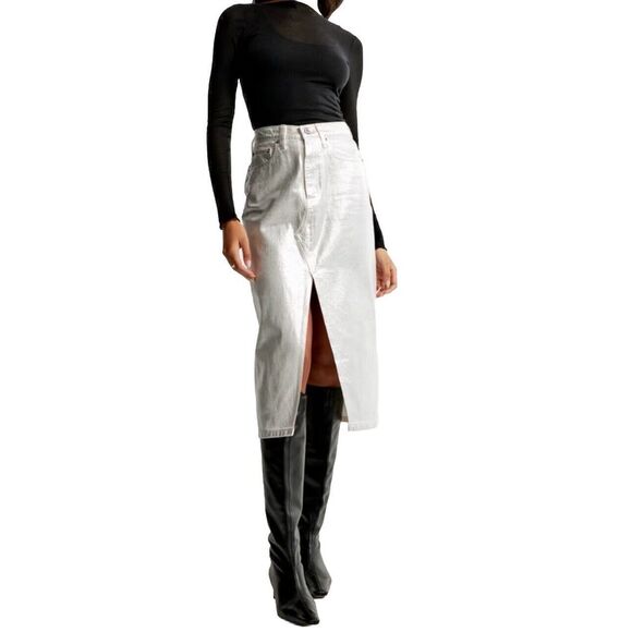 Abercrombie & Fitch Dresses & Skirts - Abercrombie‎ & Fitch Metallic Silver Denim Midi Skirt Sz 10 Streetwear Urban